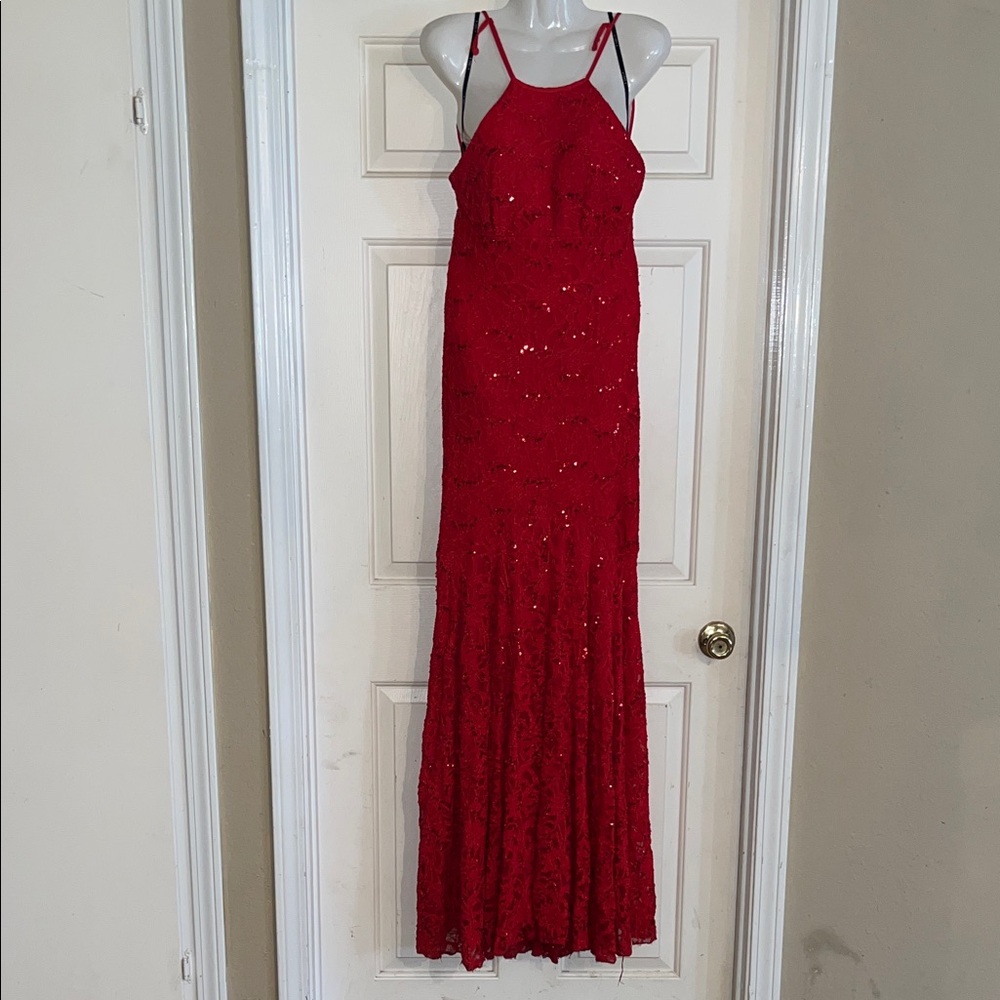 B Darlin Red Sequin Lace Prom Gown